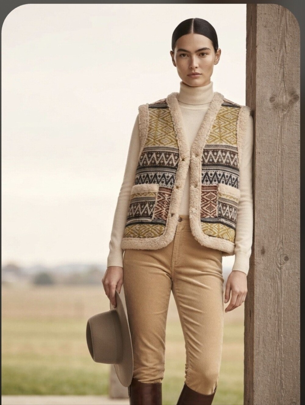 easel Patterned Sherpa-Trim Knit Cardigan Vest in Mustard, Rust & Cream